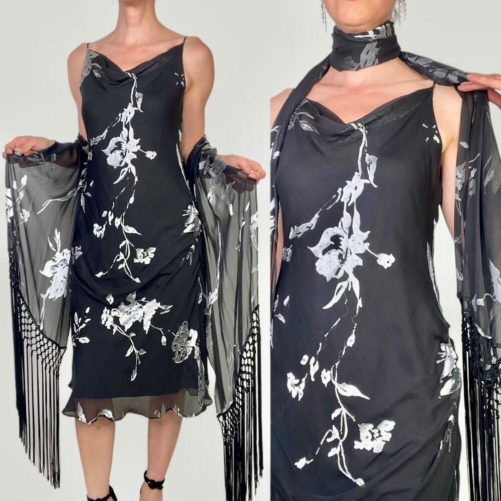 Alex Evenings beaded floral silk slip dress‎ with matching scarf formal cocktail